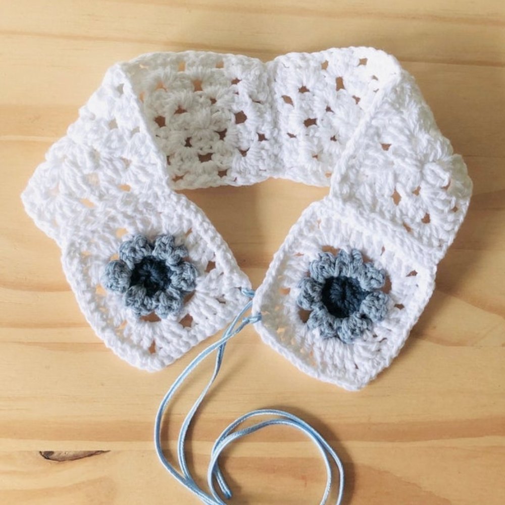 Crochet White and Blue Flower Collar, Removable Collar